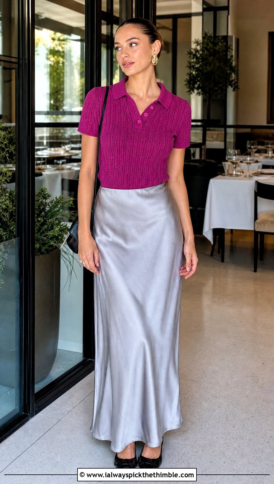 Ribbed Crochet Polo Shirt With Satin Slip Skirt - 25 crochet collared shirt outfit ideas