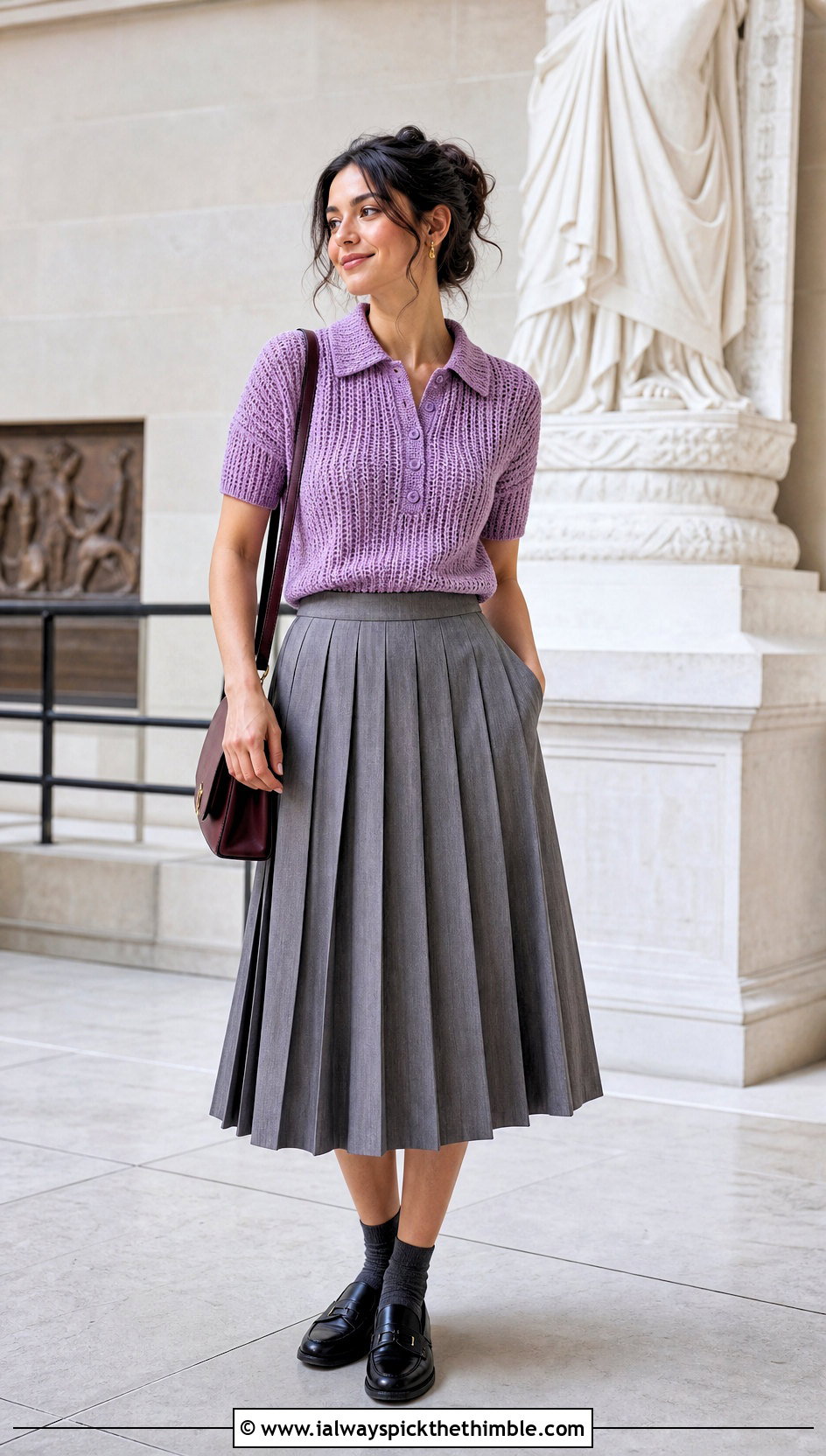 Ribbed Crochet Polo Top With Pleated Midi Skirt - 20 ribs crochet top outfit ideas