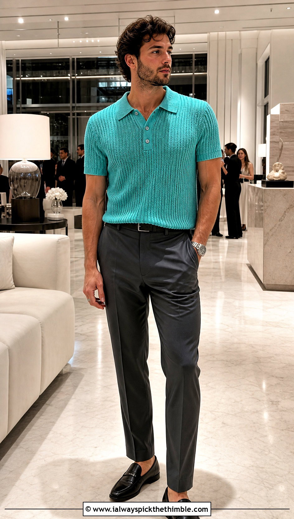 Ribbed Crochet Polo With Satin Trousers - 15 Mens Crochet Polo Shirt outfit ideas