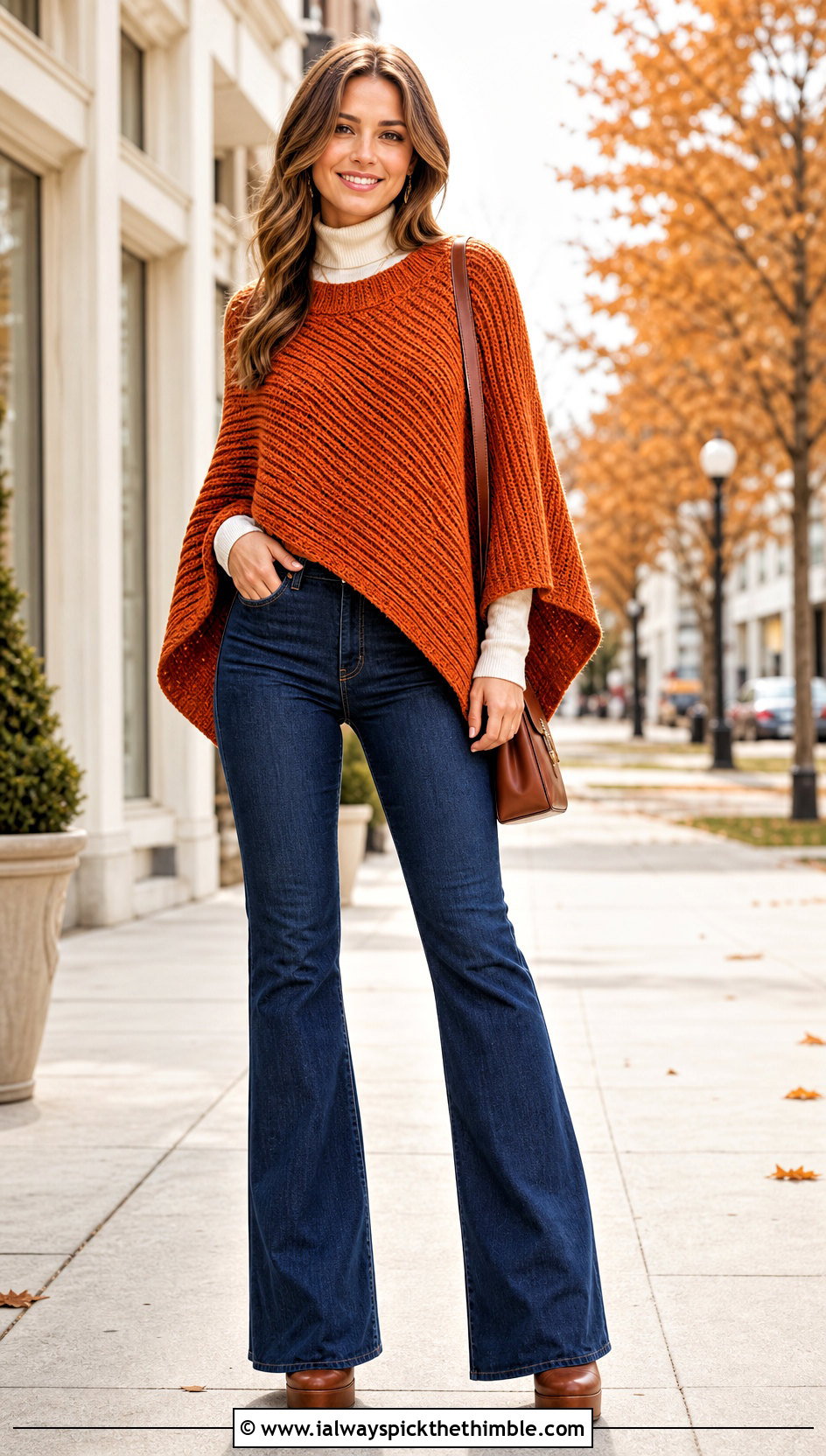 Ribbed Crochet Poncho Sweater With Flared Jeans - 25 crochet poncho sweater outfit ideas