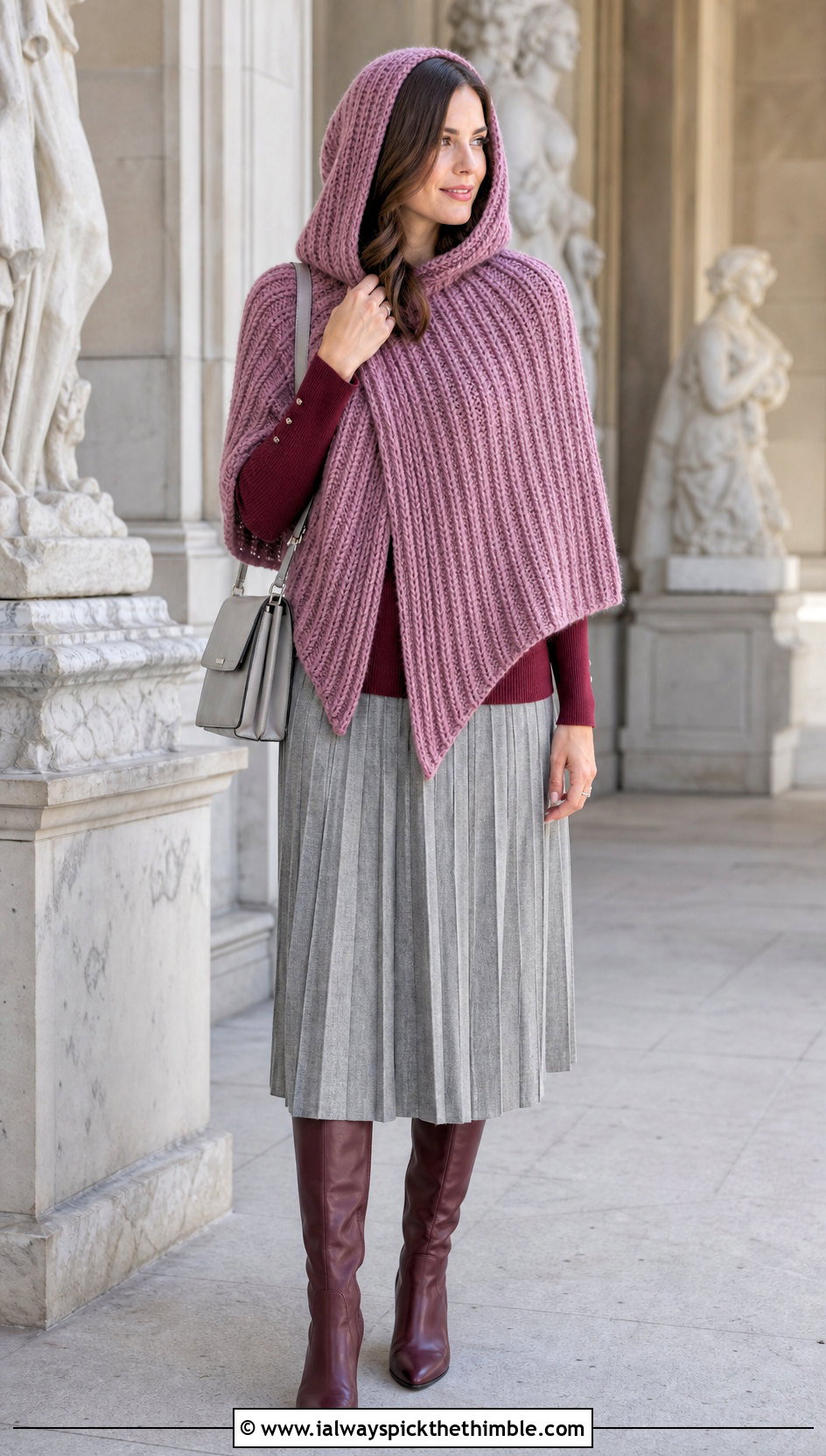 Ribbed Crochet Poncho With Hood and Pleated Skirt - 25 crochet poncho with hood outfit ideas