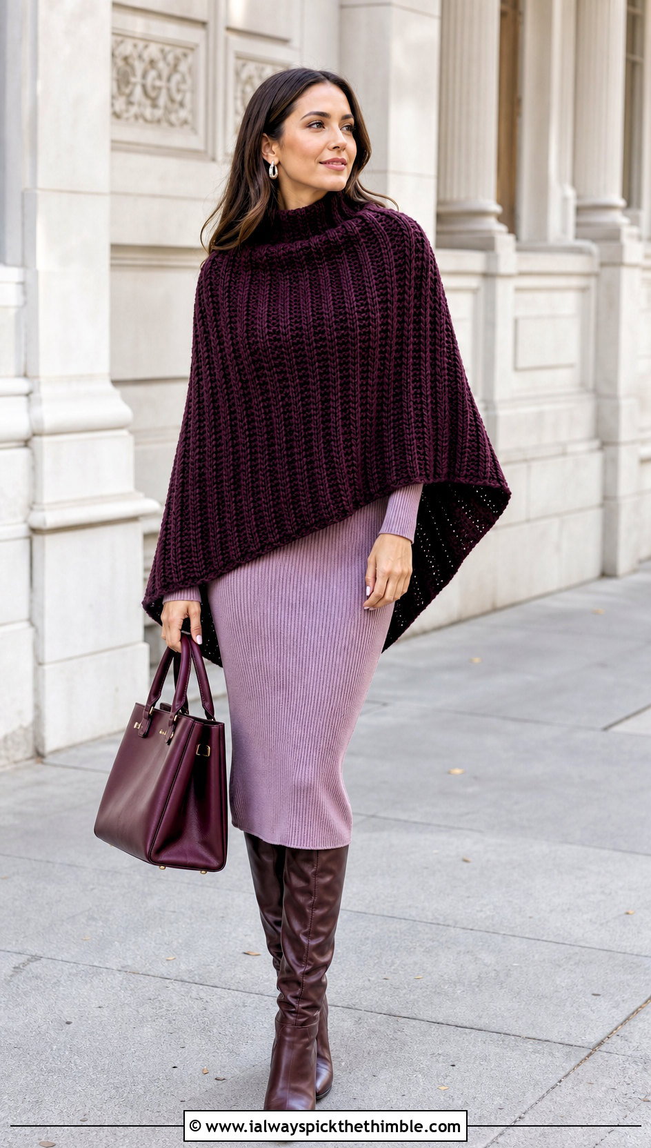Ribbed Crochet Poncho With Knit Midi Dress - 20 Easy Crochet Poncho For Beginners outfit ideas