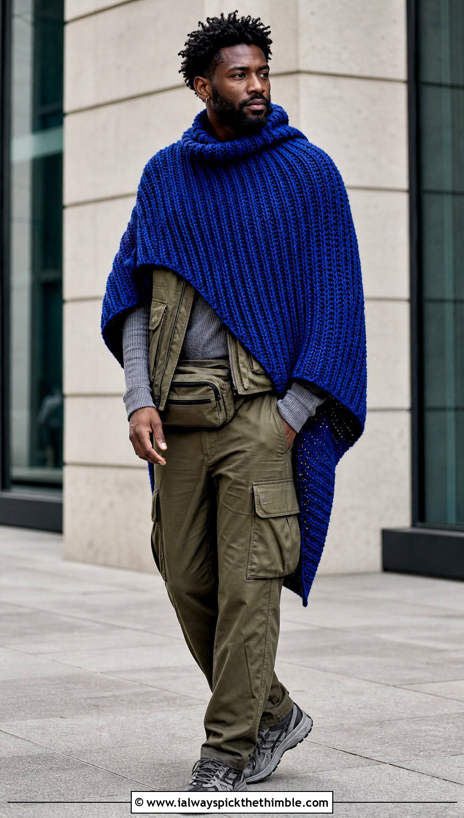 Ribbed Crochet Poncho With Utility Vest - 20 crochet men's poncho outfit ideas