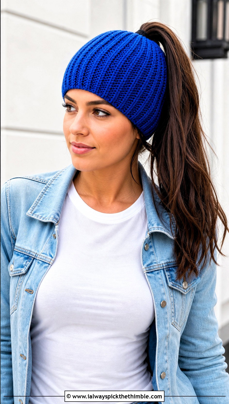 Ribbed Crochet Ponytail Beanie With Denim Jacket - 20 Crochet Ponytail Beanie outfit ideas