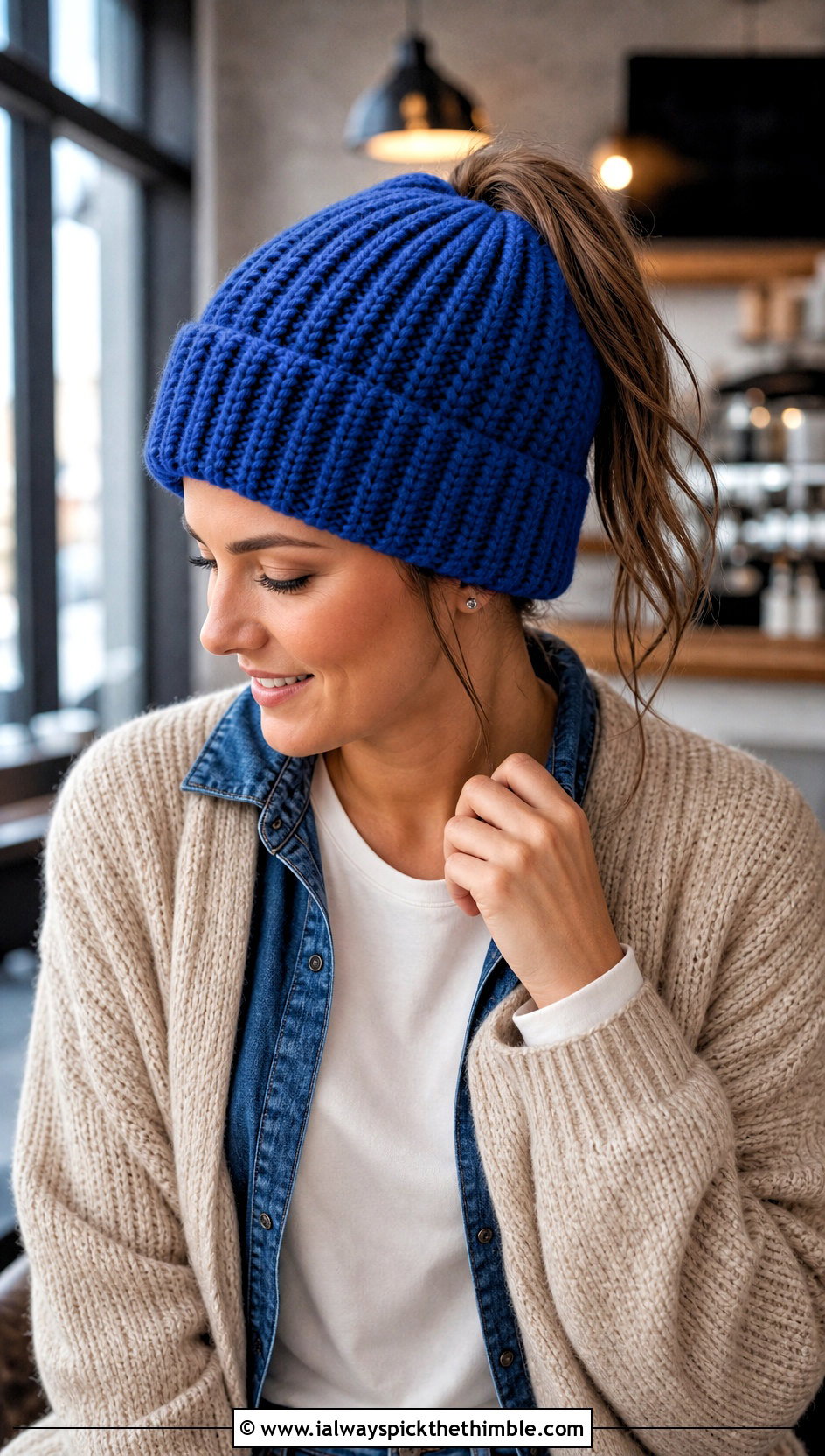 Ribbed Crochet Ponytail Beanie With Jeans - 20 Crochet Beanie With Ponytail Hole Hat outfit ideas
