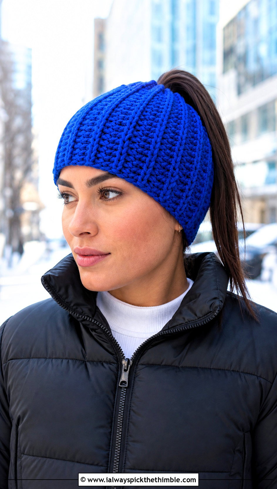 Ribbed Crochet Ponytail Hat With Puffer Jacket - 20 crochet hat with ponytail hole outfit ideas