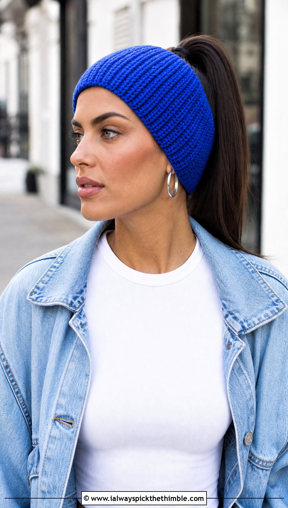 Ribbed Crochet Ponytail Headband With Denim Jacket - 20 Crochet Ponytail Headband outfit ideas
