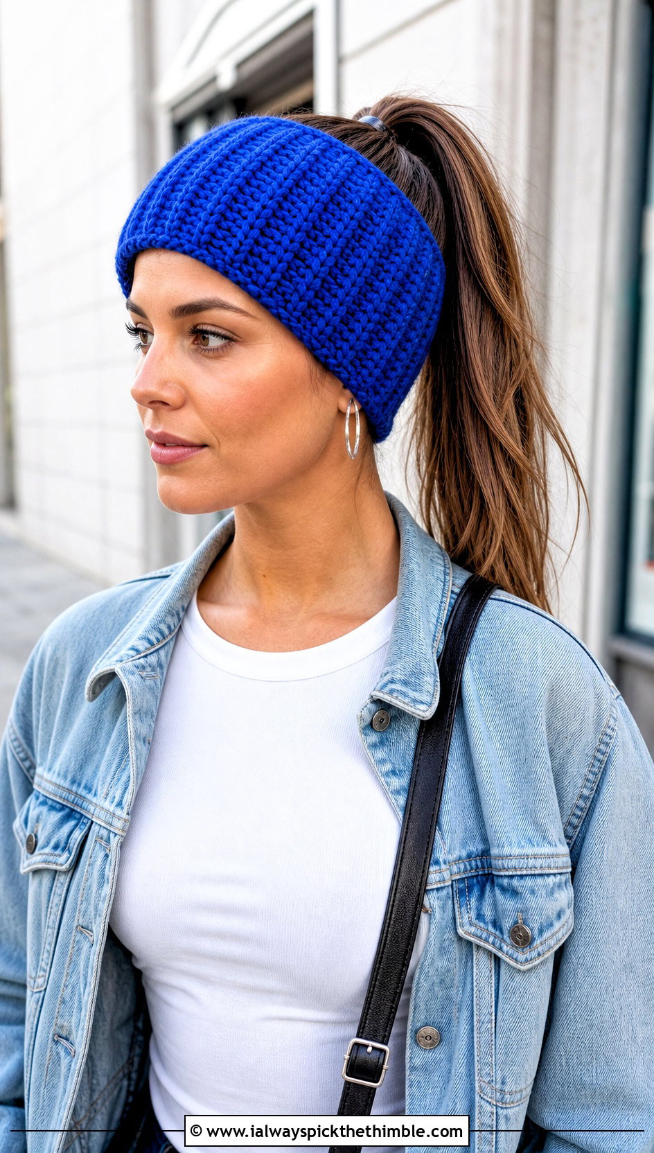 Ribbed Crochet Ponytail Headband With Denim Jacket - 20 crochet headband with ponytail hole outfit ideas