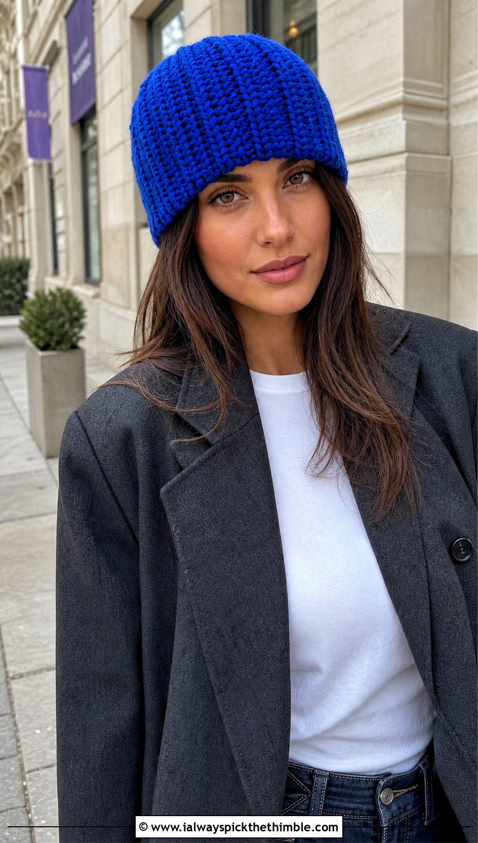 Ribbed Crochet Rectangle Beanie With Blazer And Jeans - 20 Crochet Rectangle Hat outfit ideas