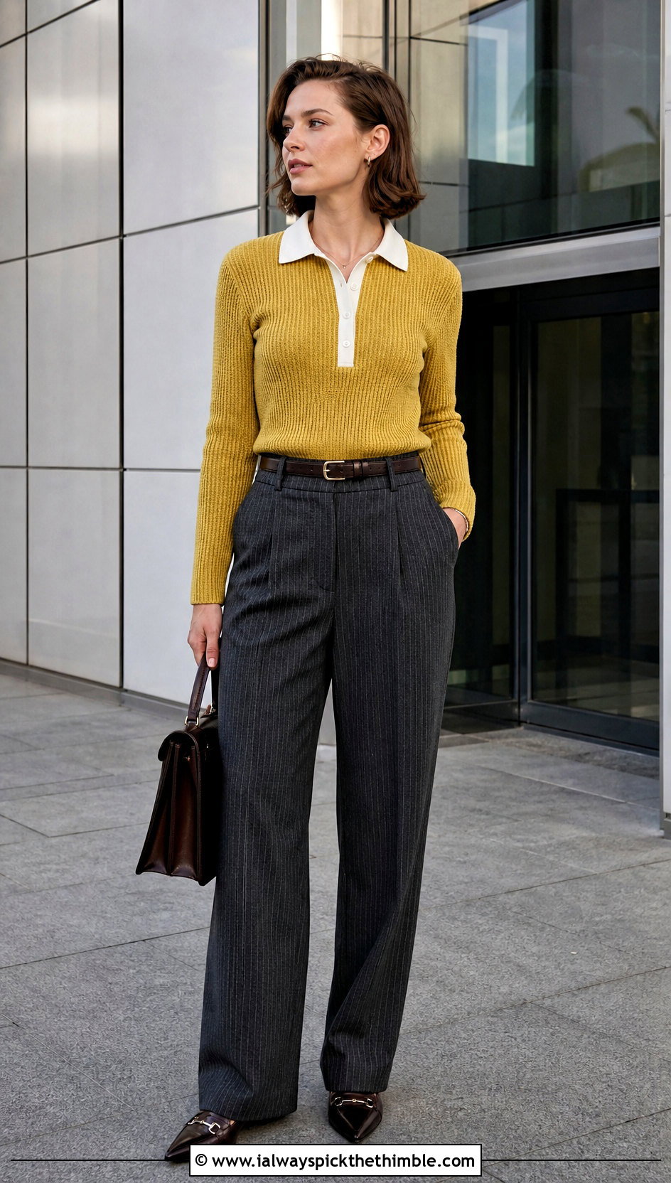 Ribbed Crochet Rugby Shirt With Pinstripe Trousers - 20 Crochet Rugby Shirt outfit ideas