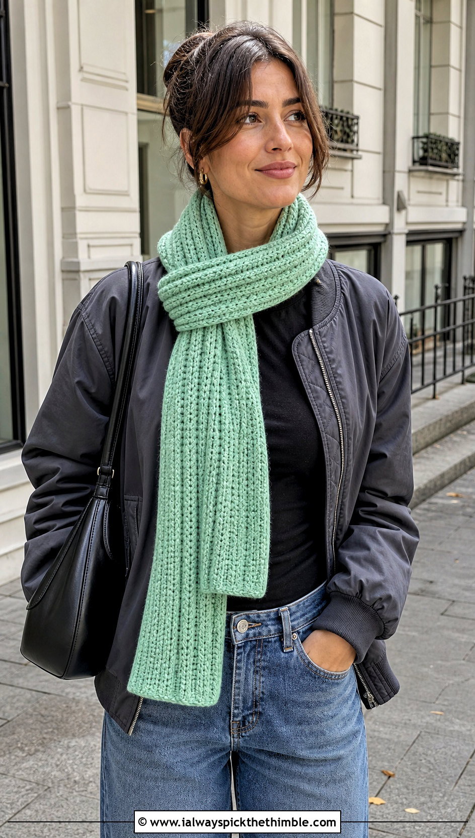 Ribbed Crochet Scarf With Bomber Jacket - 25 crocheted scarf outfit ideas
