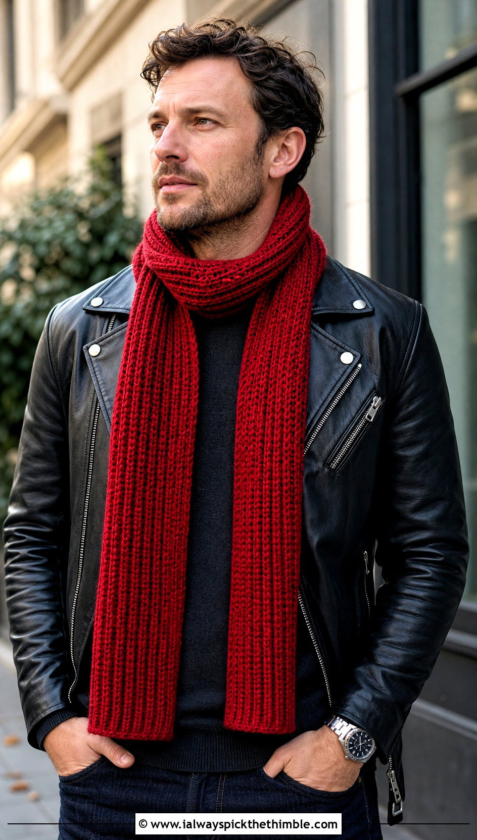 Ribbed Crochet Scarf With Leather Jacket - 25 men's crochet scarf outfit ideas