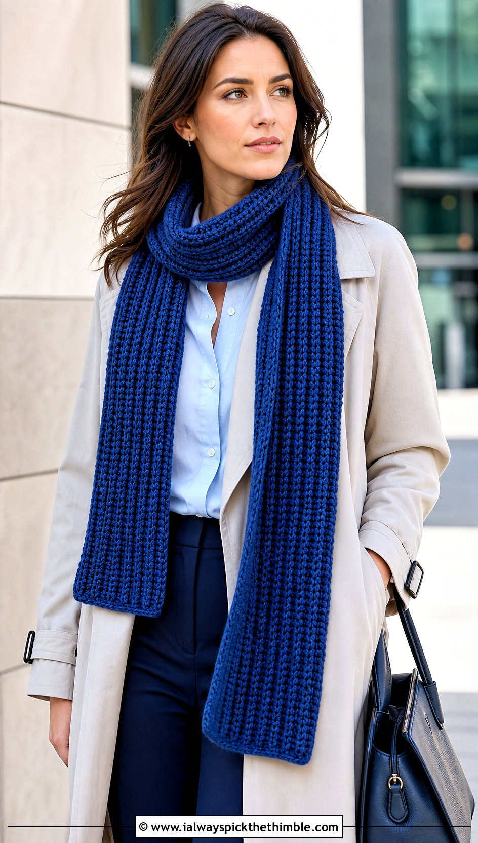 Ribbed Crochet Scarf With Trench Coat - 20 Crochet For Beginners Scarf outfit ideas