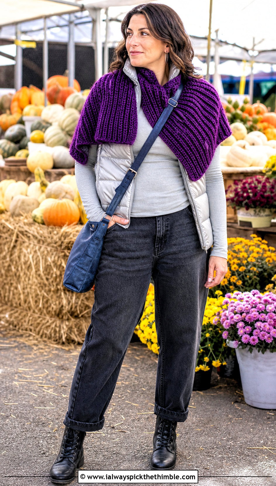 Ribbed Crochet Shoulder Shawl With Puffer Vest And Jeans - 20 Crochet Shoulder Shawl outfit ideas