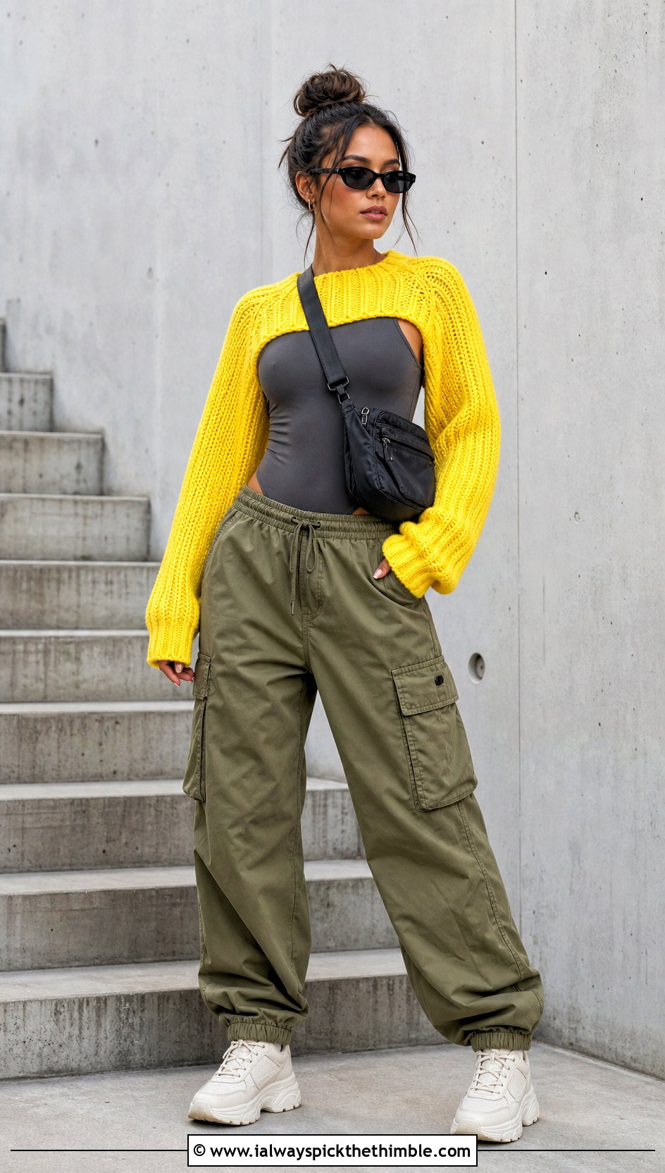 Ribbed Crochet Sleeve Sweater With Cargo Pants - 20 Crochet Mini Sweater outfit ideas
