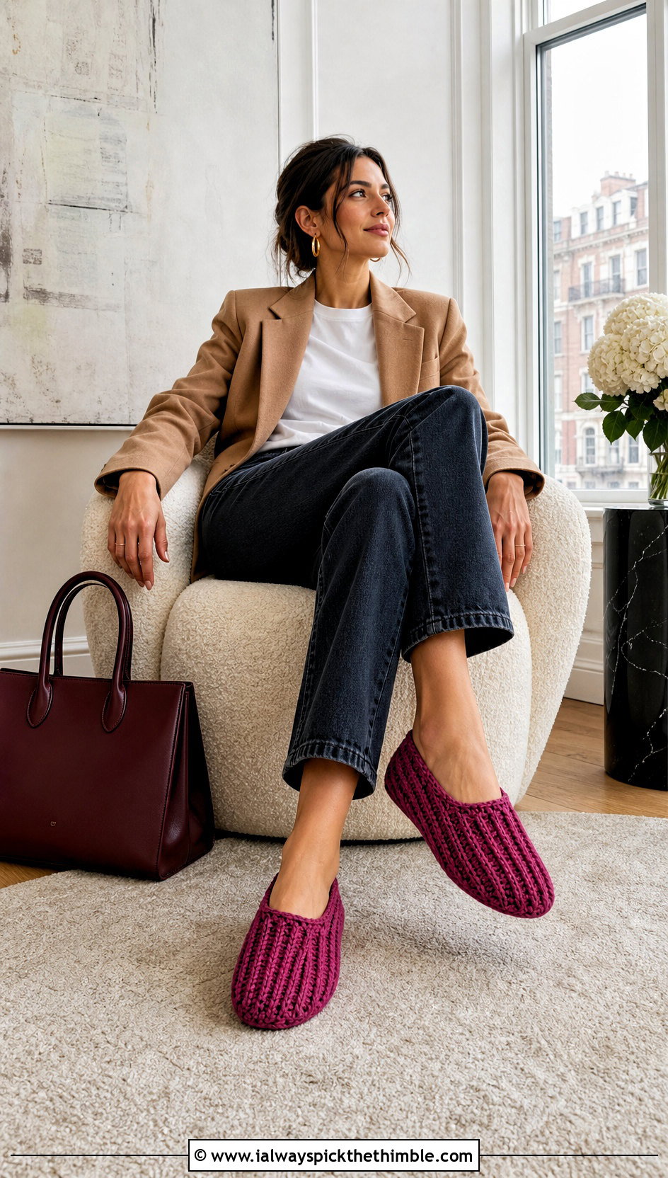 Ribbed Crochet Slippers With Cropped Jeans And Blazer - 15 Women's Crochet Slippers outfit ideas