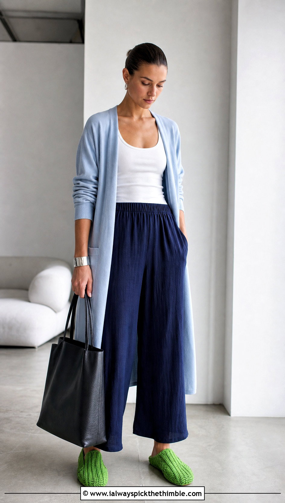 Ribbed Crochet Slippers With Wide Leg Pants And Tank - 25 crochet slipper outfit ideas