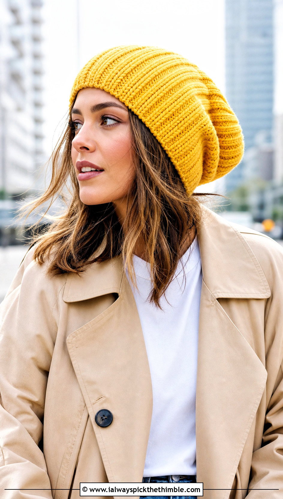 Ribbed Crochet Slouchy Hat With Trench Coat And Jeans - 25 crochet slouchy hat outfit ideas