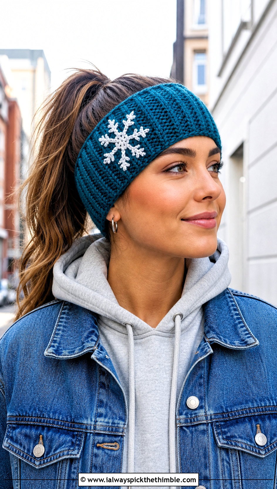 Ribbed Crochet Snowflake Headband With Denim Jacket - 20 Crochet Snowflake Headband outfit ideas