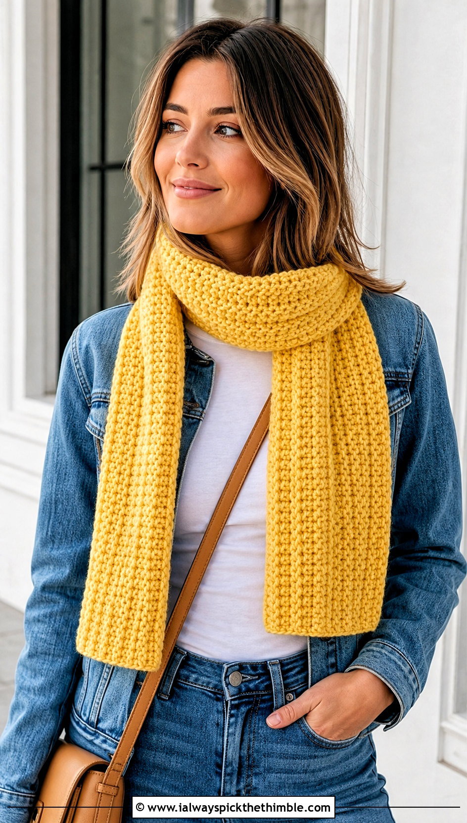 Ribbed Crochet Sophie Scarf With White Tee And Jeans - 25 crochet sophie scarf outfit ideas