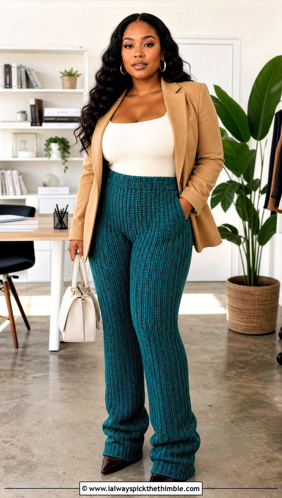 Ribbed Crochet Stacked Pants With Bodysuit And Blazer - 20 Crochet Stacked Pants outfit ideas