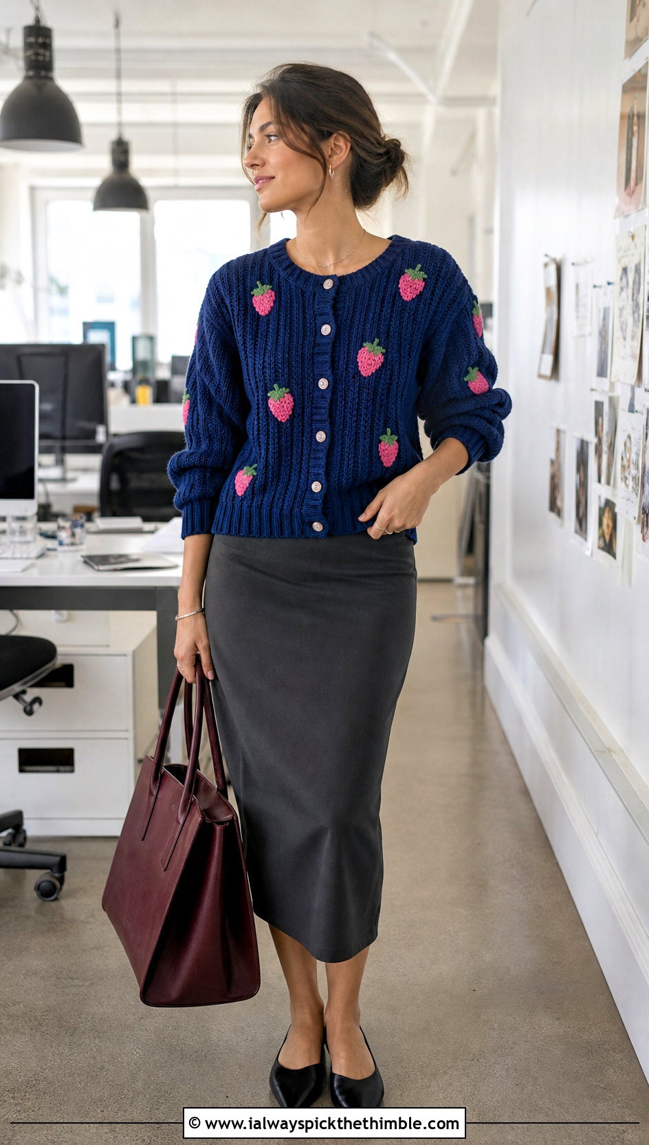 Ribbed Crochet Strawberry Cardigan With Pencil Skirt - 25 crochet strawberry cardigan outfit ideas