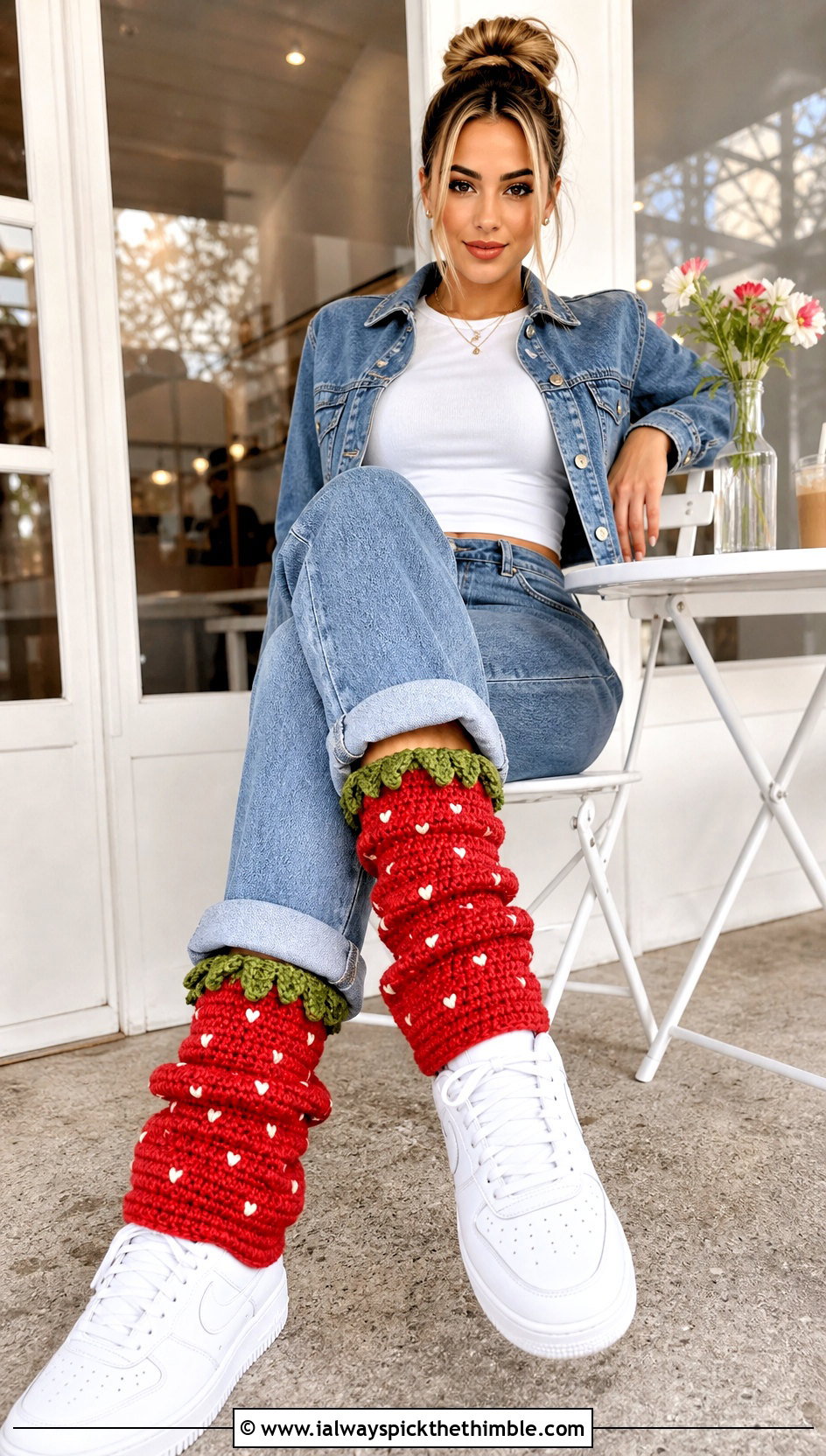 Ribbed Crochet Strawberry Leg Warmers With Straight Jeans - 15 Crochet Strawberry Leg Warmers outfit ideas