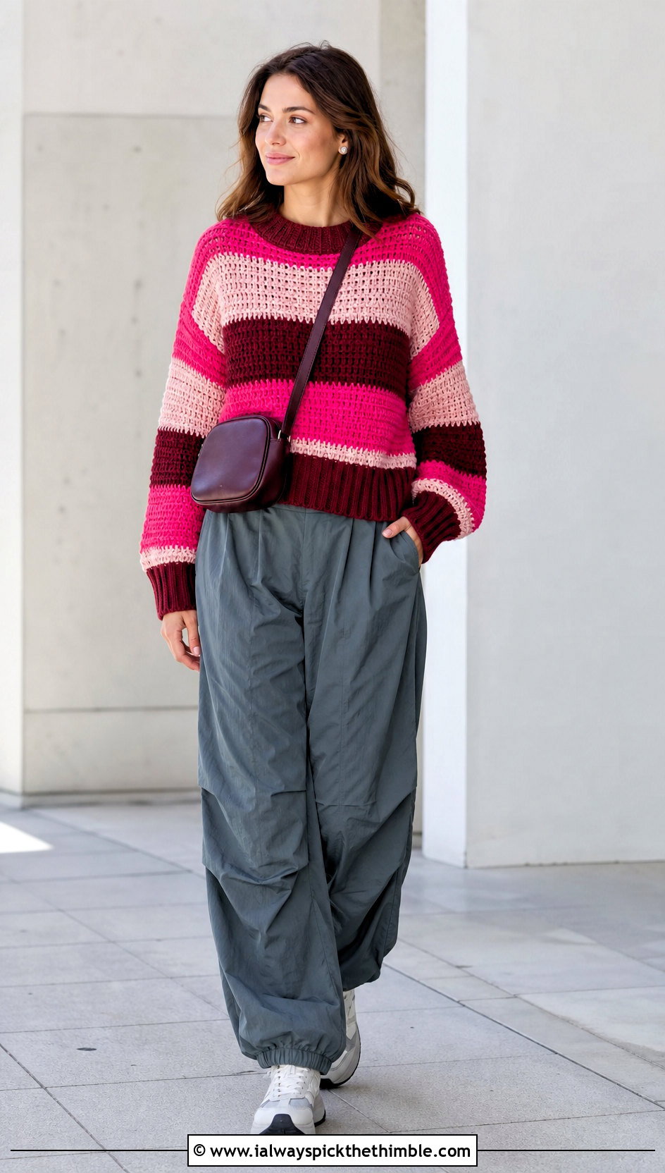 Ribbed Crochet Striped Sweater With Parachute Pants - 25 crochet striped sweater outfit ideas
