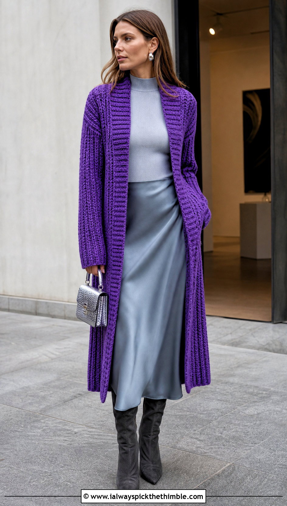 Ribbed Crochet Sweater Coat With A Satin Midi Skirt - 20 Crochet Sweater Coat outfit ideas