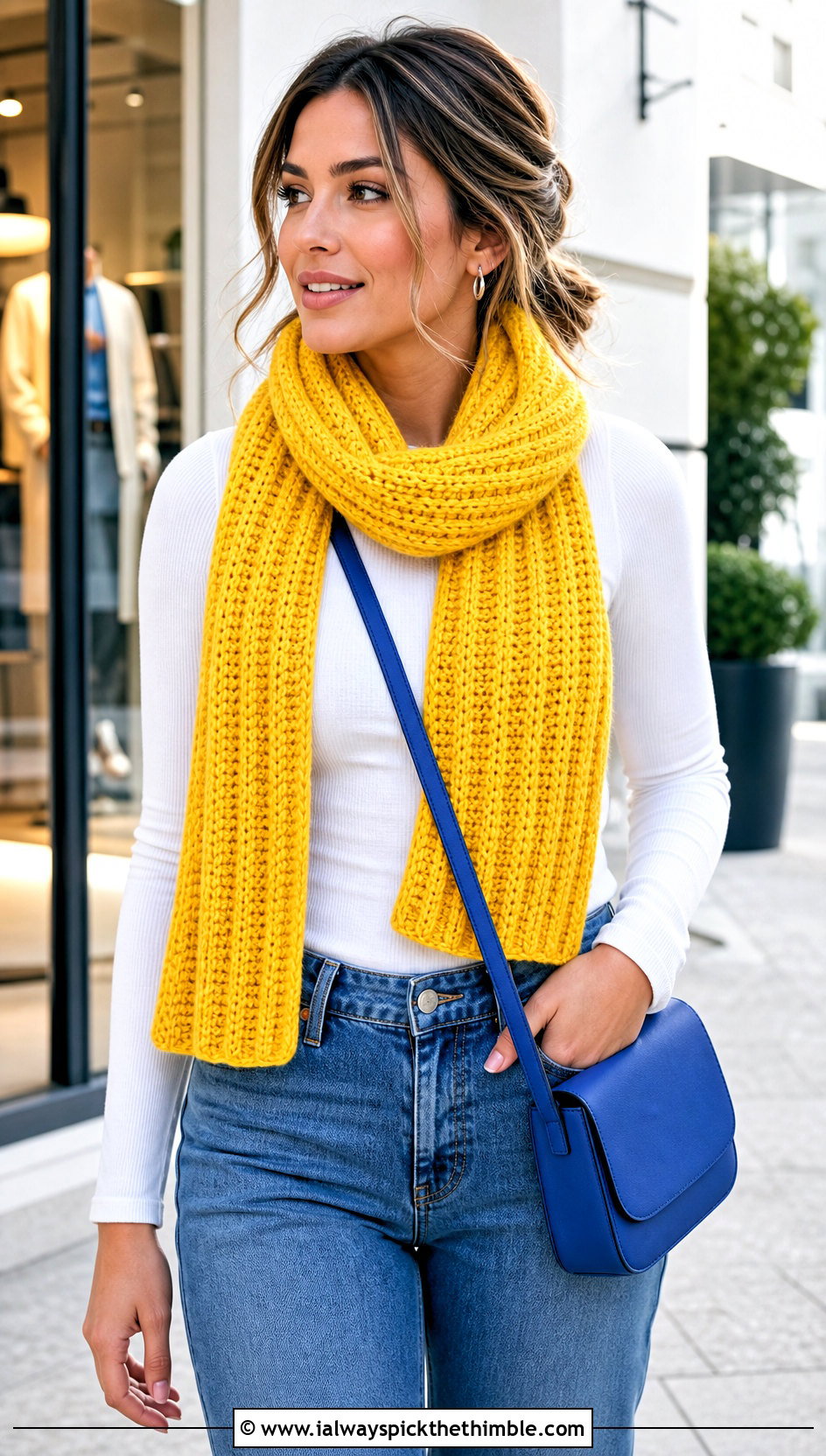 Ribbed Crochet Sweater Scarf With Straight Leg Jeans - 25 crochet sweater scarf outfit ideas