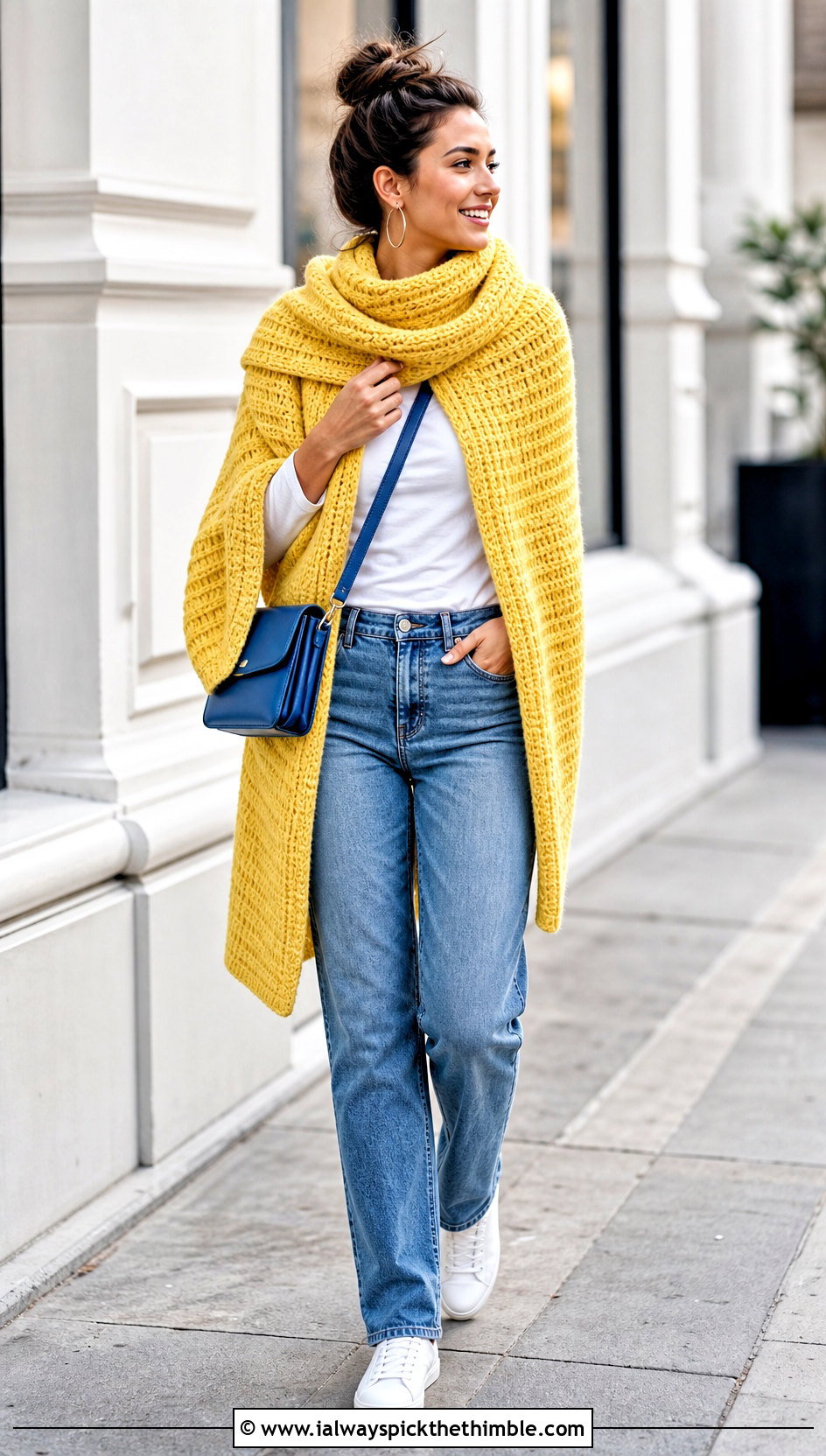 Ribbed Crochet Sweater Scarf With Straight Leg Jeans - 25 crochet wrap with sleeves outfit ideas