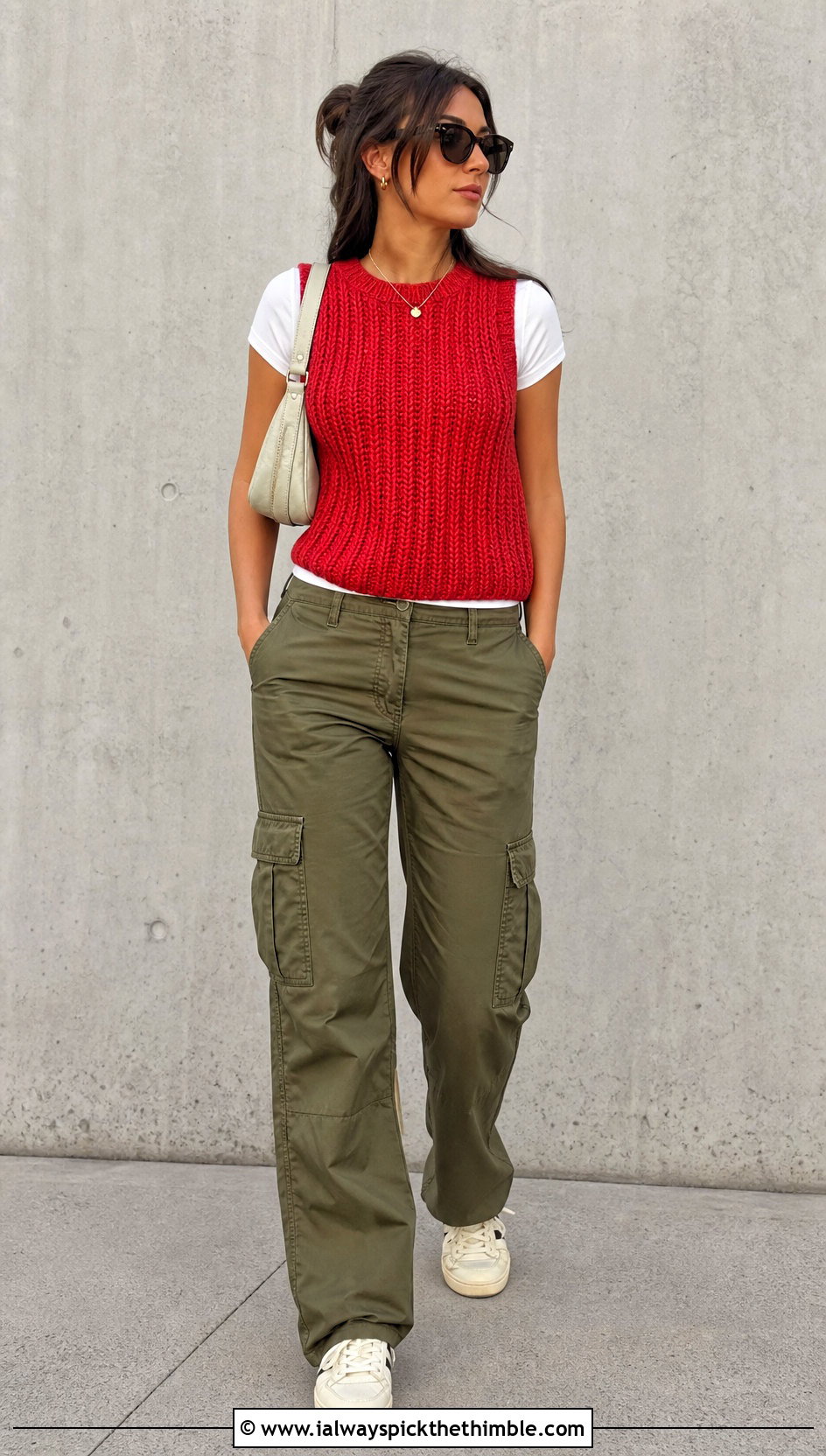 Ribbed Crochet Sweater Vest With Cargo Pants - 25 crochet vest outfits for women outfit ideas