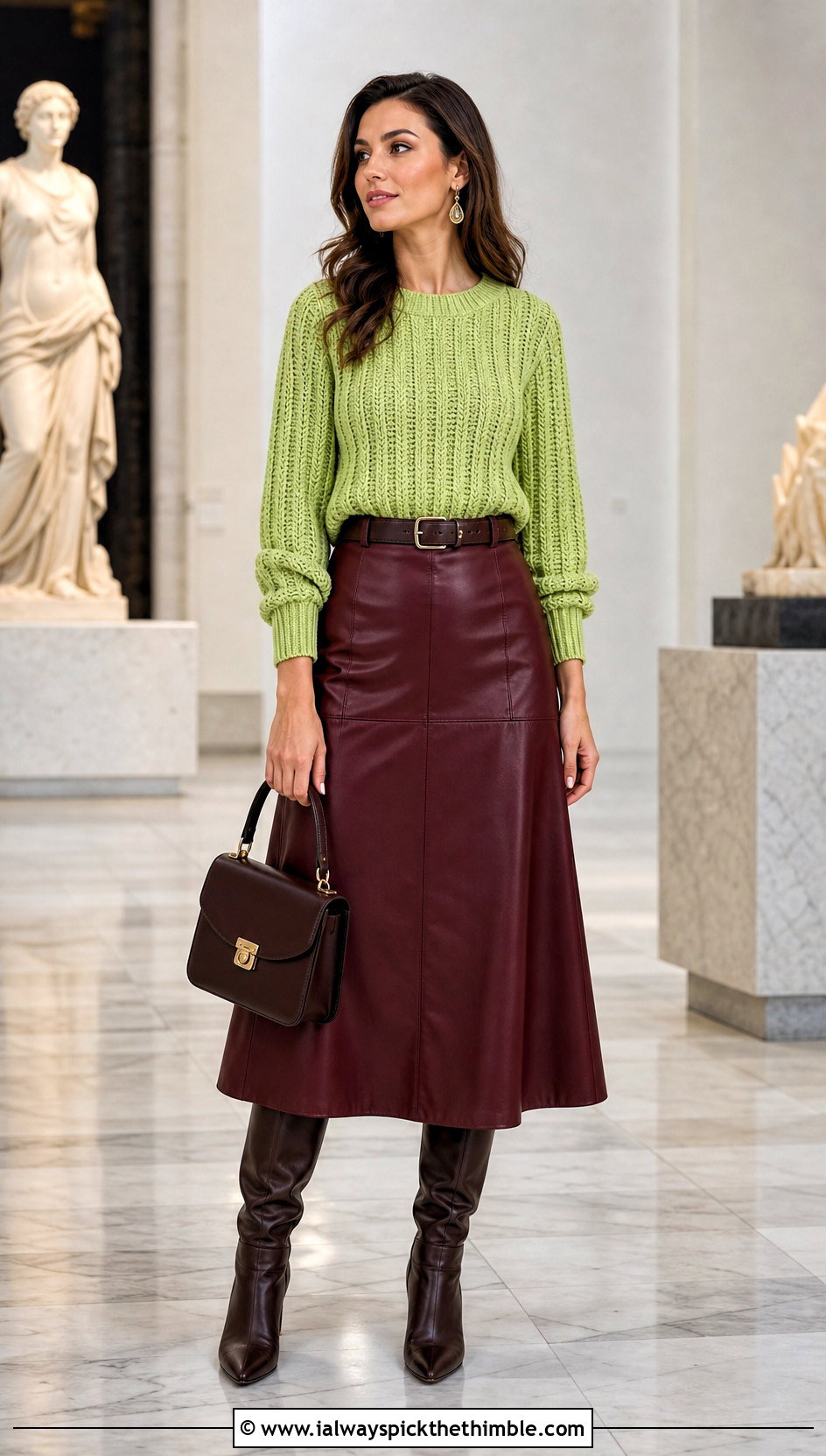 Ribbed Crochet Sweater With A Line Leather Skirt - 20 cozy crochet sweater outfit ideas