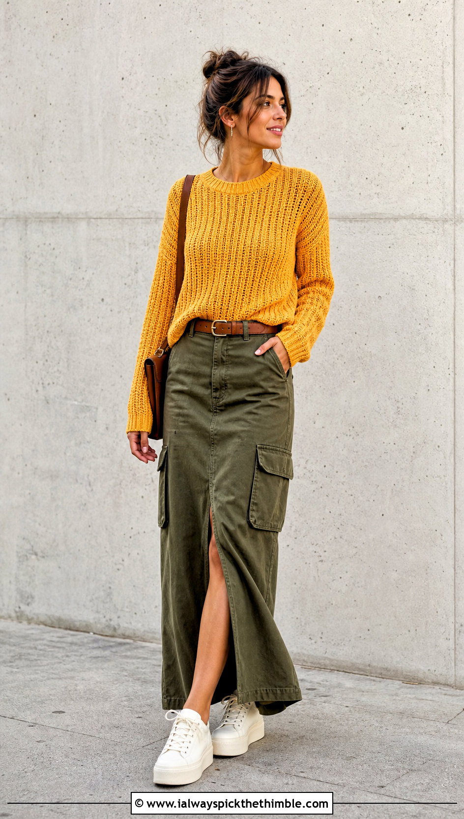 Ribbed Crochet Sweater With Cargo Maxi Skirt - 25 crochet sweaters outfit ideas