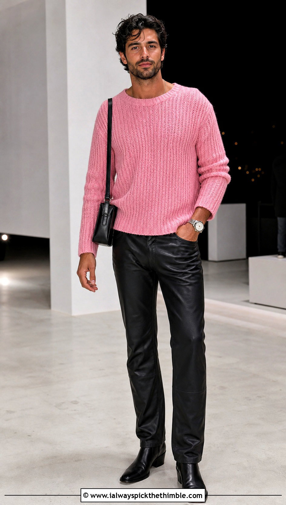 Ribbed Crochet Sweater With Leather Pants - 25 crochet mens sweater outfit ideas