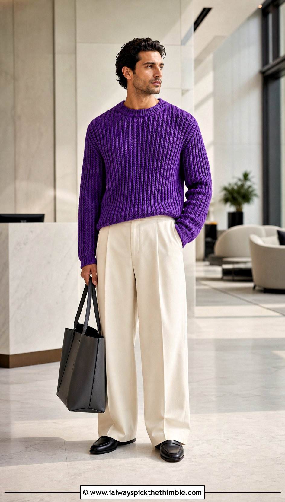 Ribbed Crochet Sweater With Pleated Pants - 25 men crochet sweater outfit ideas
