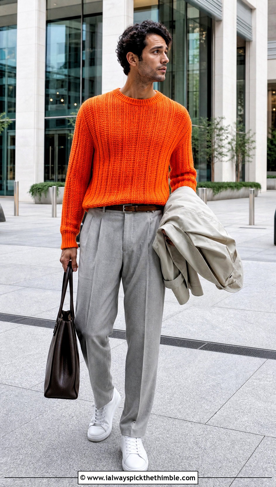Ribbed Crochet Sweater With Pleated Pants - 20 man crochet sweater outfit ideas