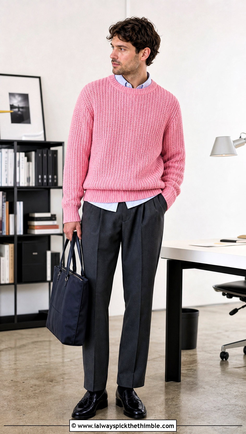 Ribbed Crochet Sweater With Pleated Trousers - 20 Easy Crochet Mens Sweater outfit ideas