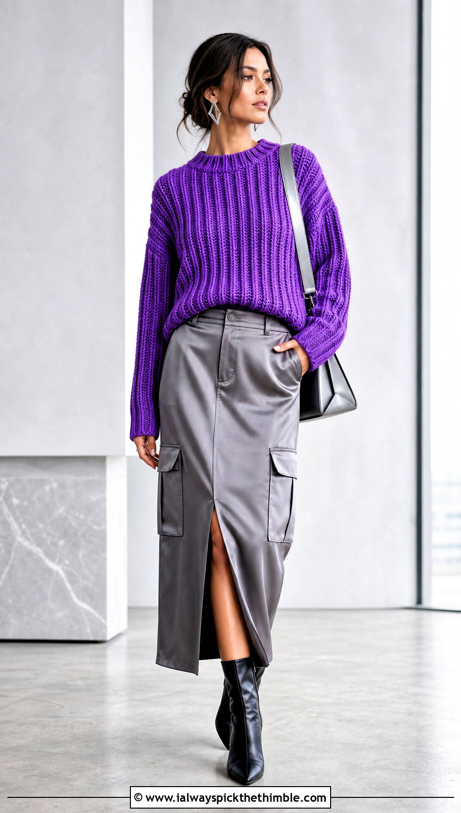 Ribbed Crochet Sweater With Satin Cargo Skirt - 20 vintage crochet sweater outfit ideas