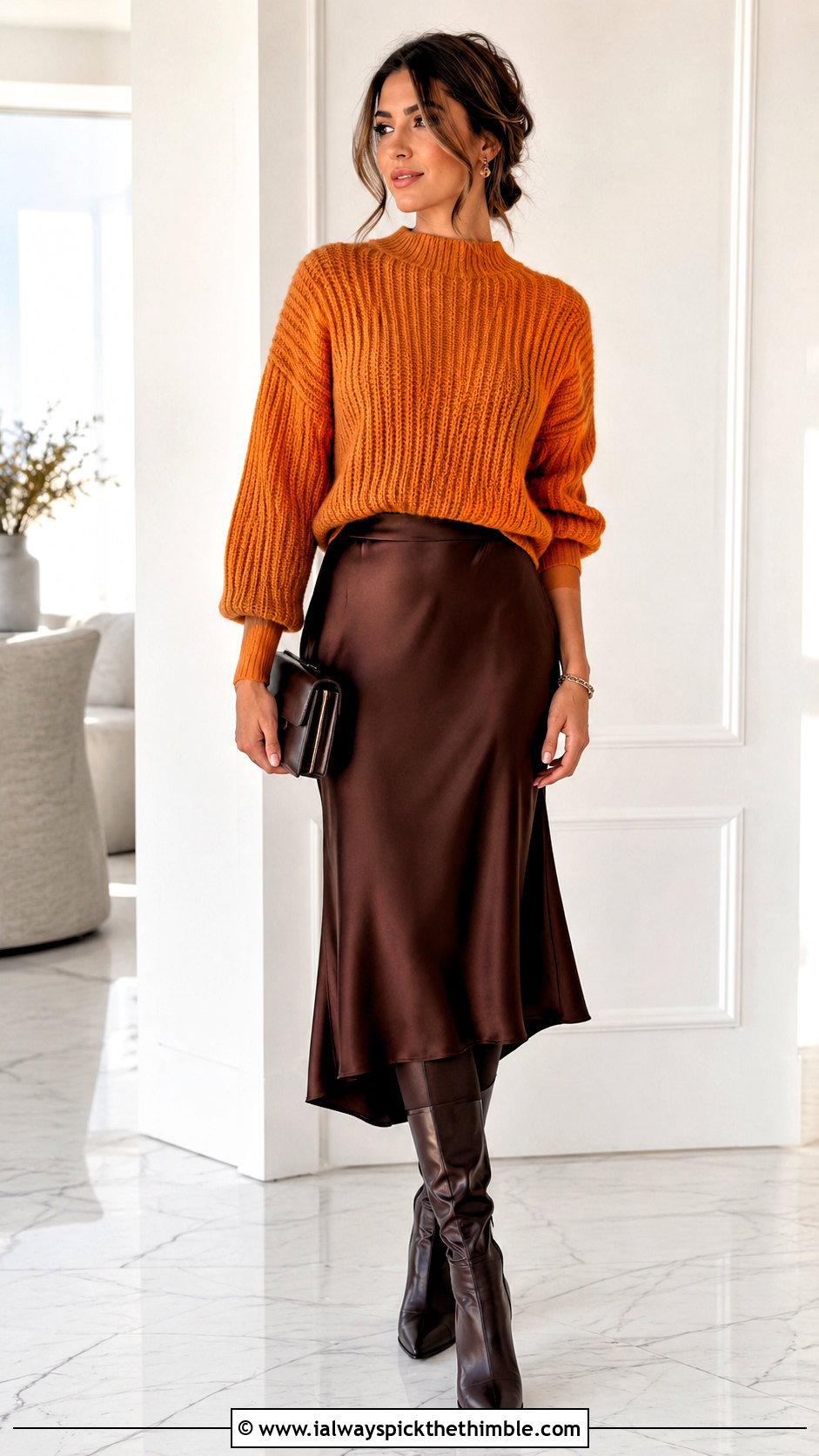 Ribbed Crochet Sweater With Satin Midi Skirt - 25 crochet winter clothes and outfit ideas