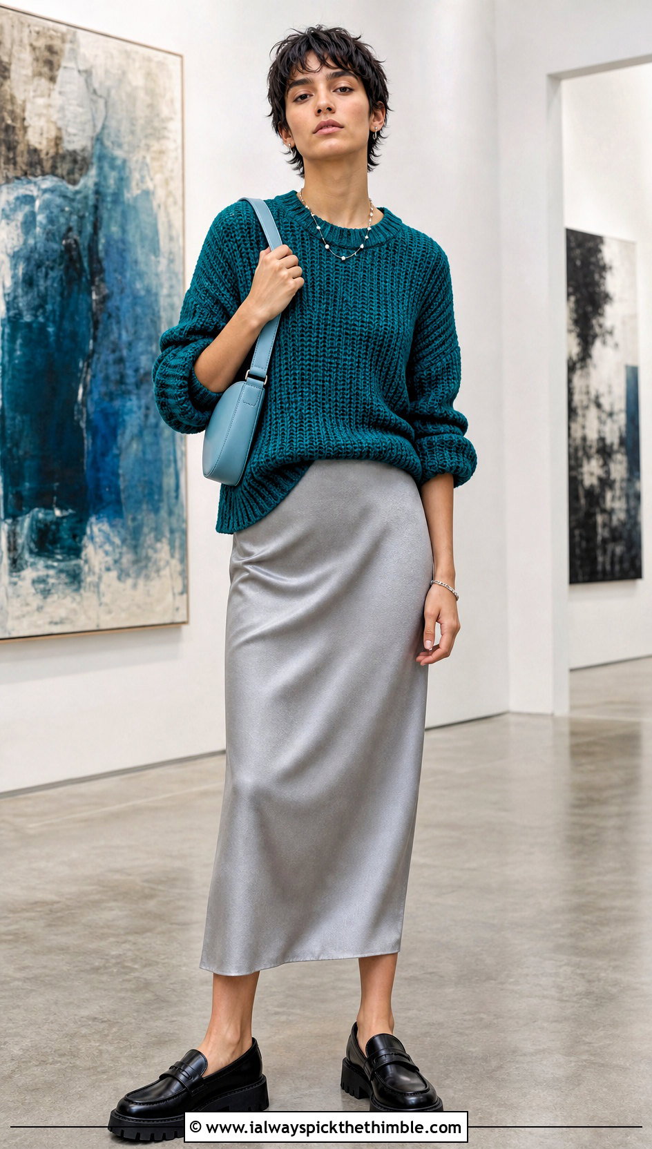 Ribbed Crochet Sweater With Satin Midi Skirt - 20 unisex crochet sweater outfit ideas