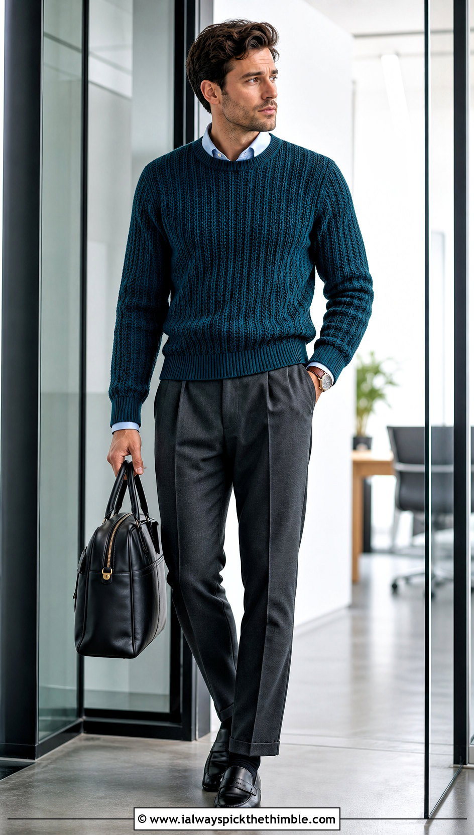Ribbed Crochet Sweater With Tailored Trousers - 20 crochet sweater for man outfit ideas