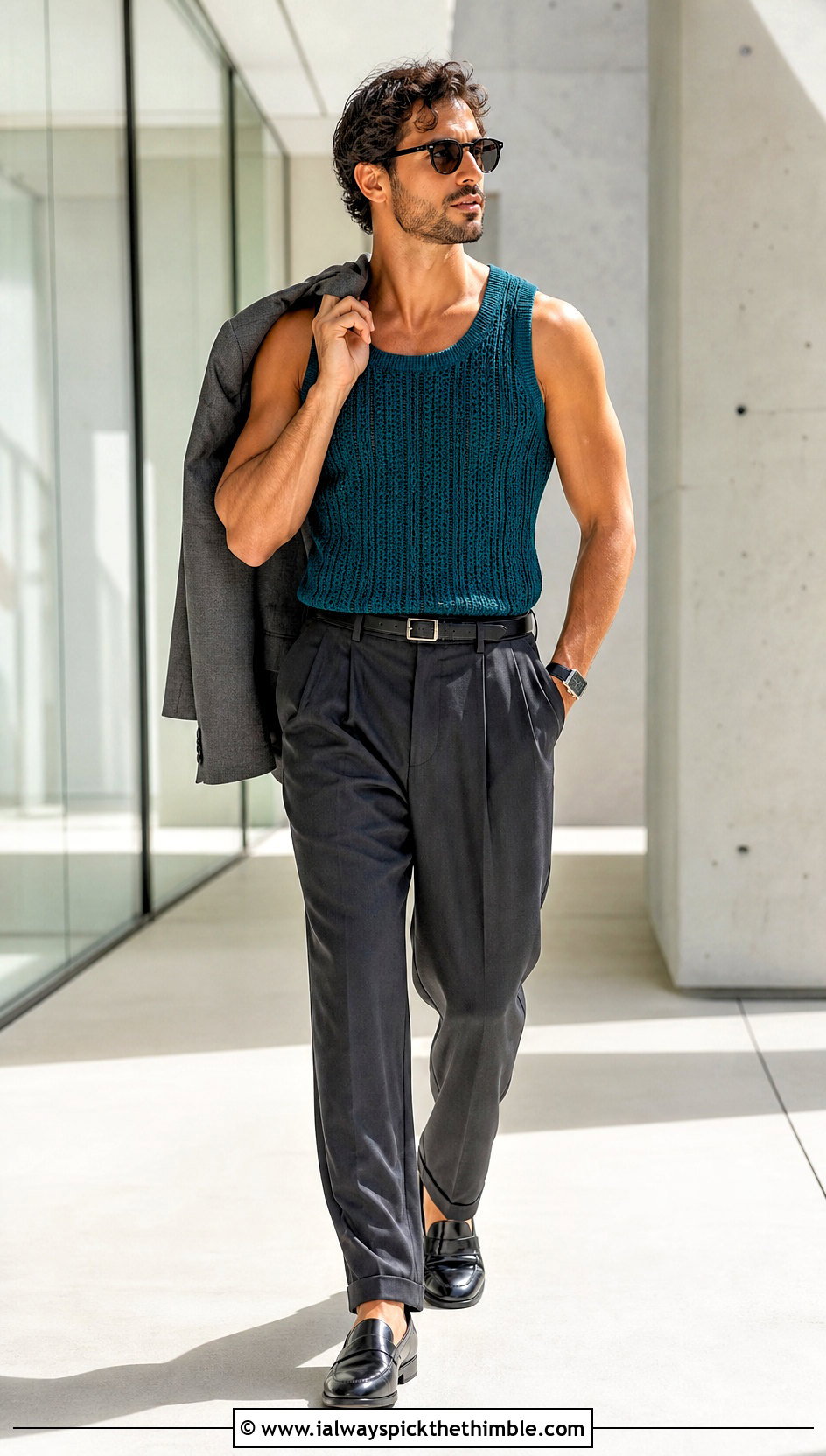 Ribbed Crochet Tank Top With Tailored Trousers - 20 crochet mens tank top outfit ideas