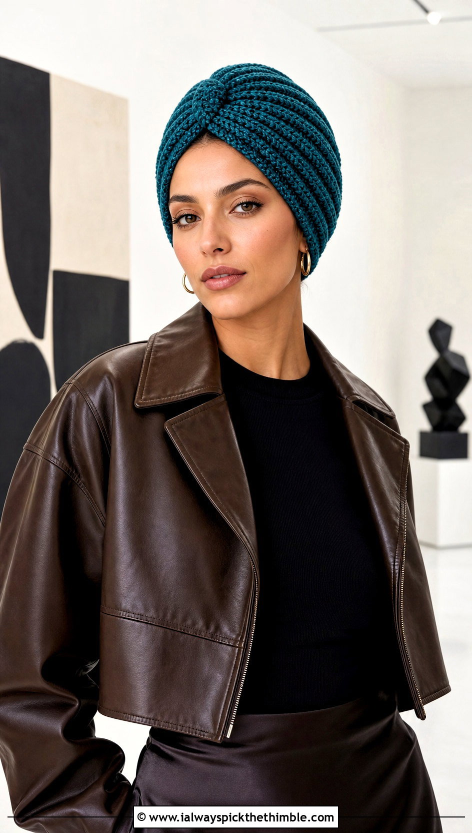 Ribbed Crochet Turban Hat With Leather Jacket And Slip Skirt - 15 crochet turban style hat outfit ideas