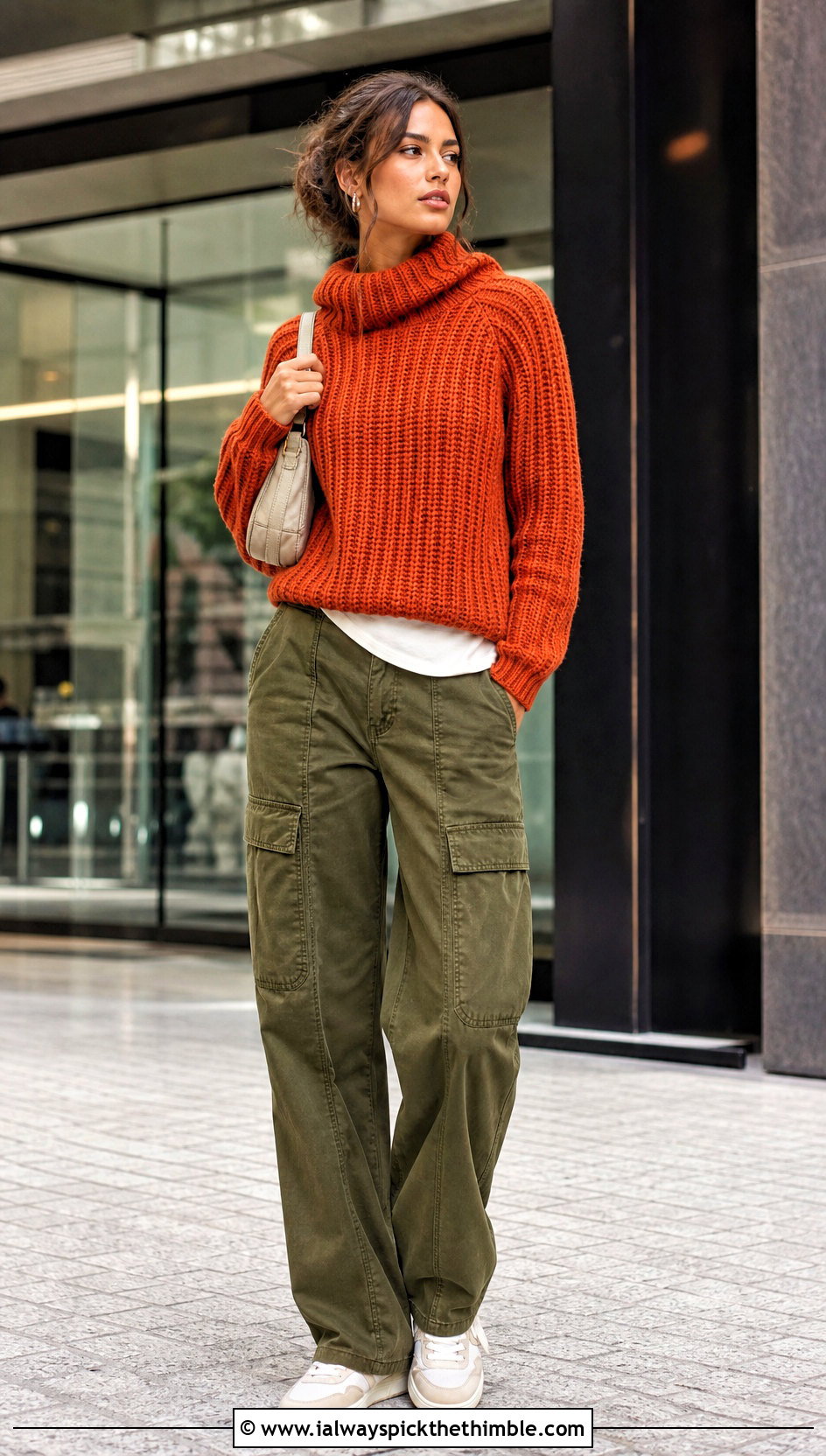 Ribbed Crochet Turtleneck Pullover Hoodie With Cargo Pants - 20 crochet turtle neck hoodie outfit ideas