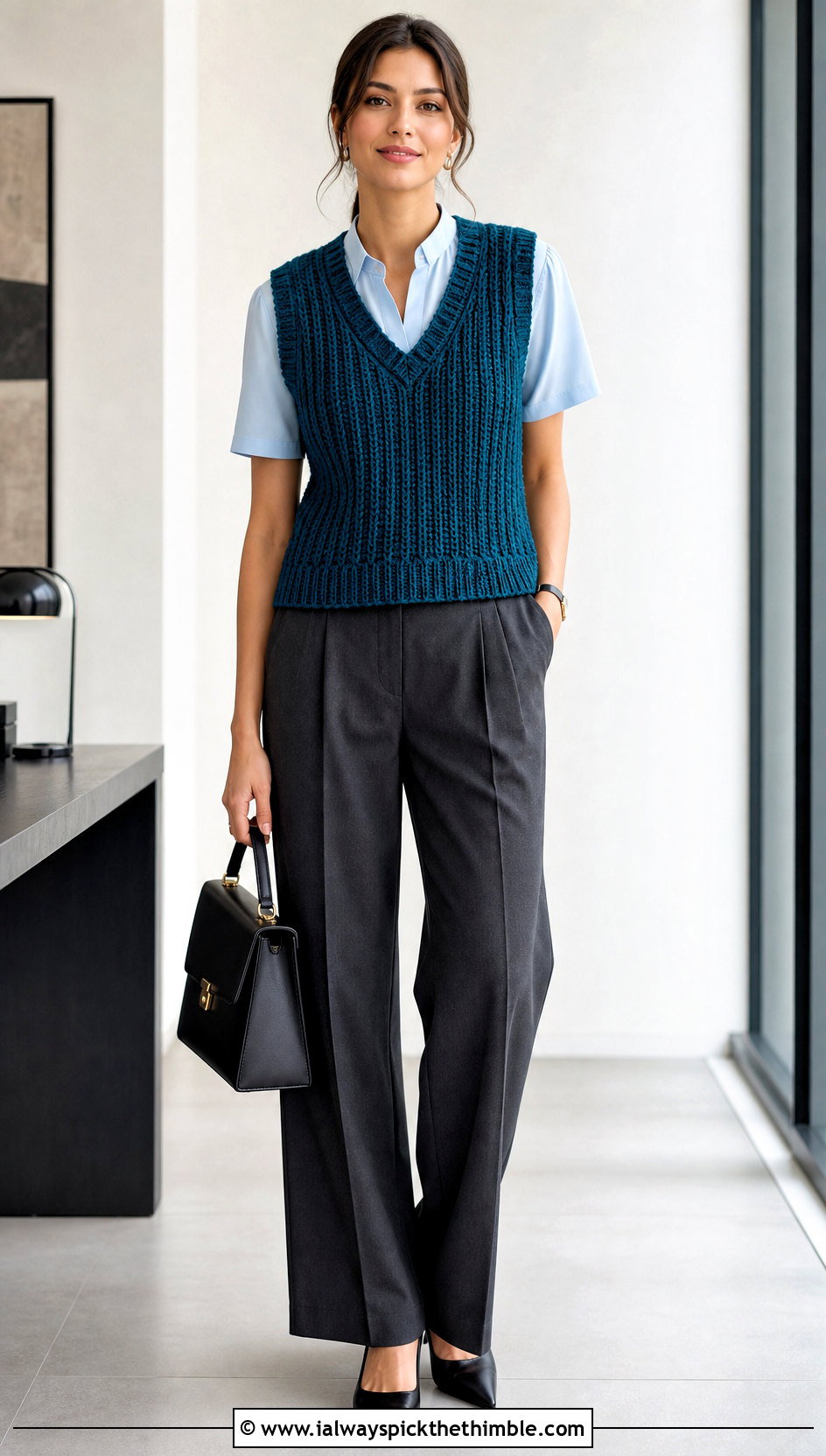 Ribbed Crochet V Neck Vest With Tailored Trousers - 20 crochet v neck vest outfit ideas