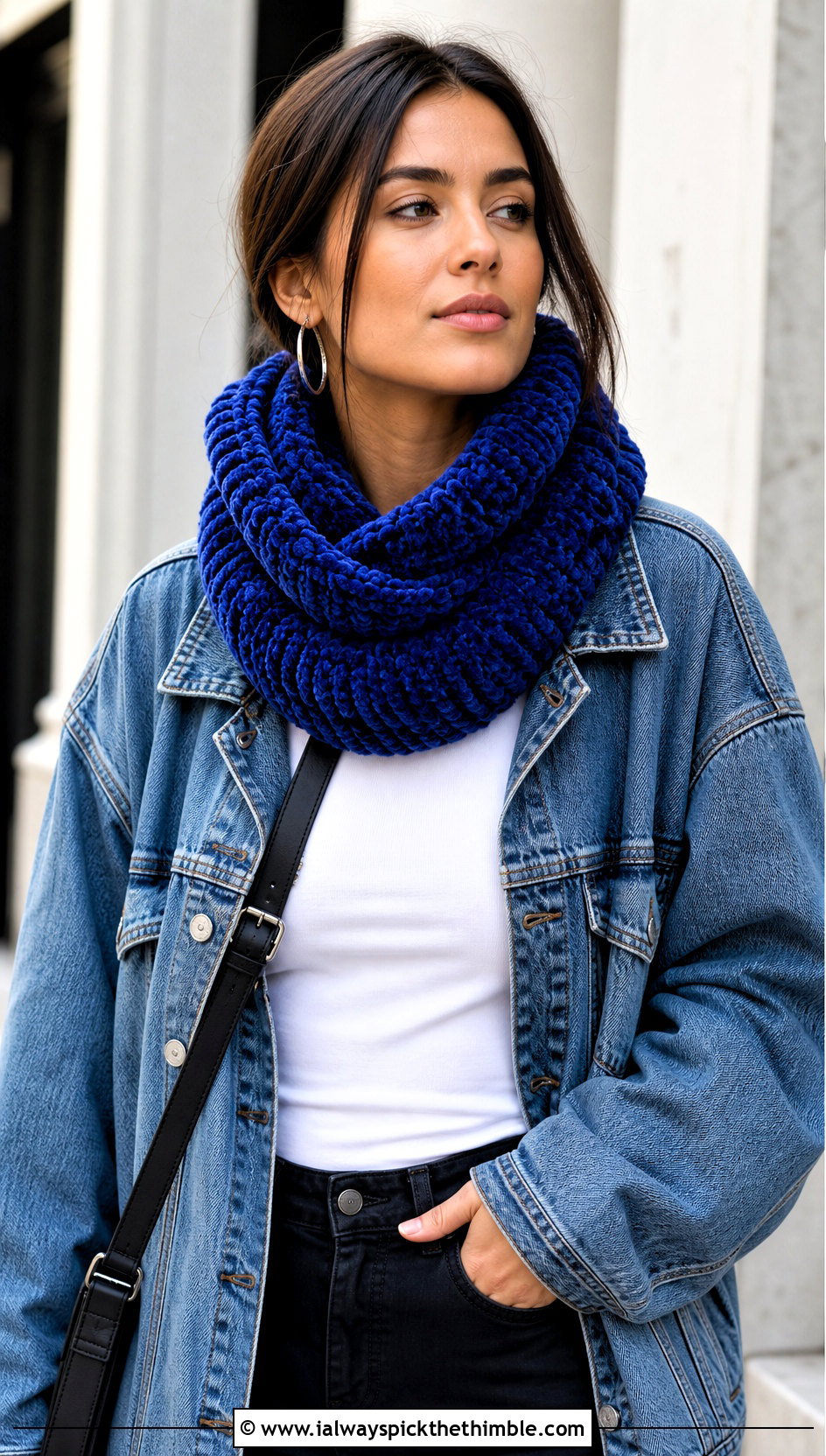 Ribbed Crochet Velvet Infinity Scarf With Denim Jacket - 20 Crochet Velvet Scarf outfit ideas