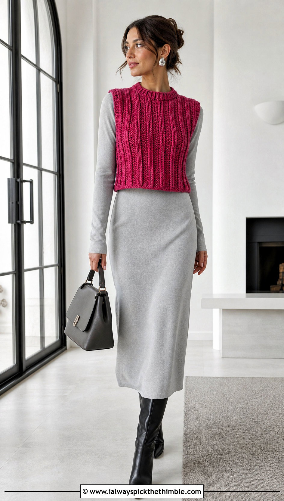 Ribbed Crochet Vest With Knit Column Dress - 25 crochet vest for women outfit ideas