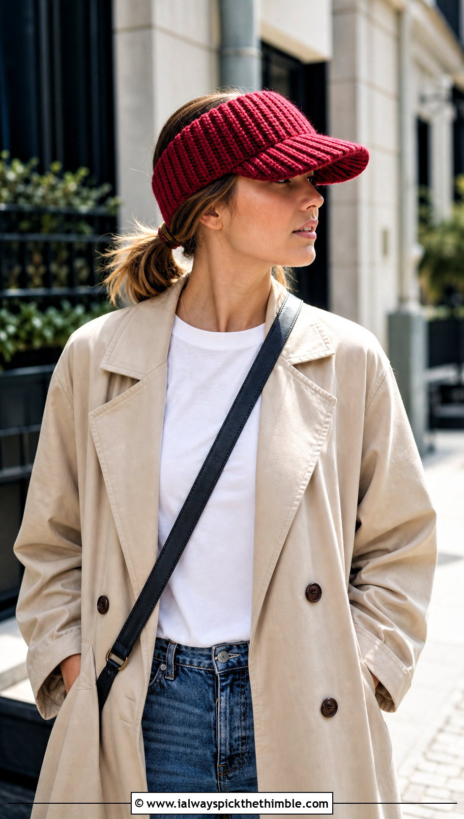 Ribbed Crochet Visor Hat With Trench Coat And Jeans - 20 crochet visor hat outfit ideas