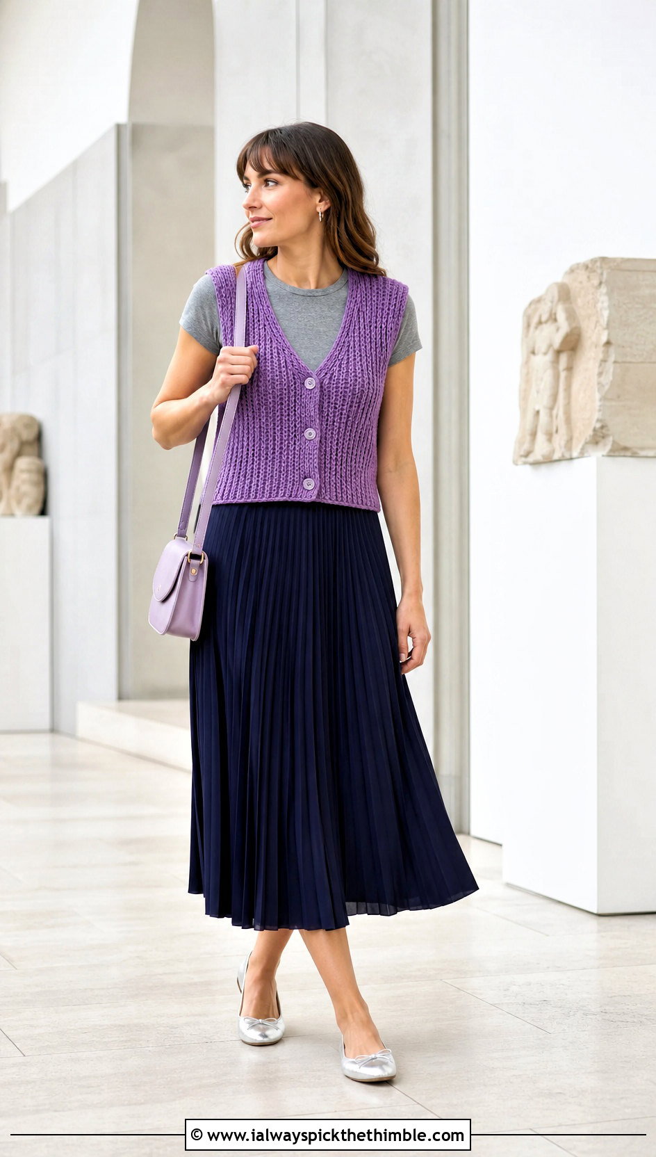Ribbed Crochet Waistcoat With Pleated Midi Skirt - 25 crochet waist coat outfit ideas